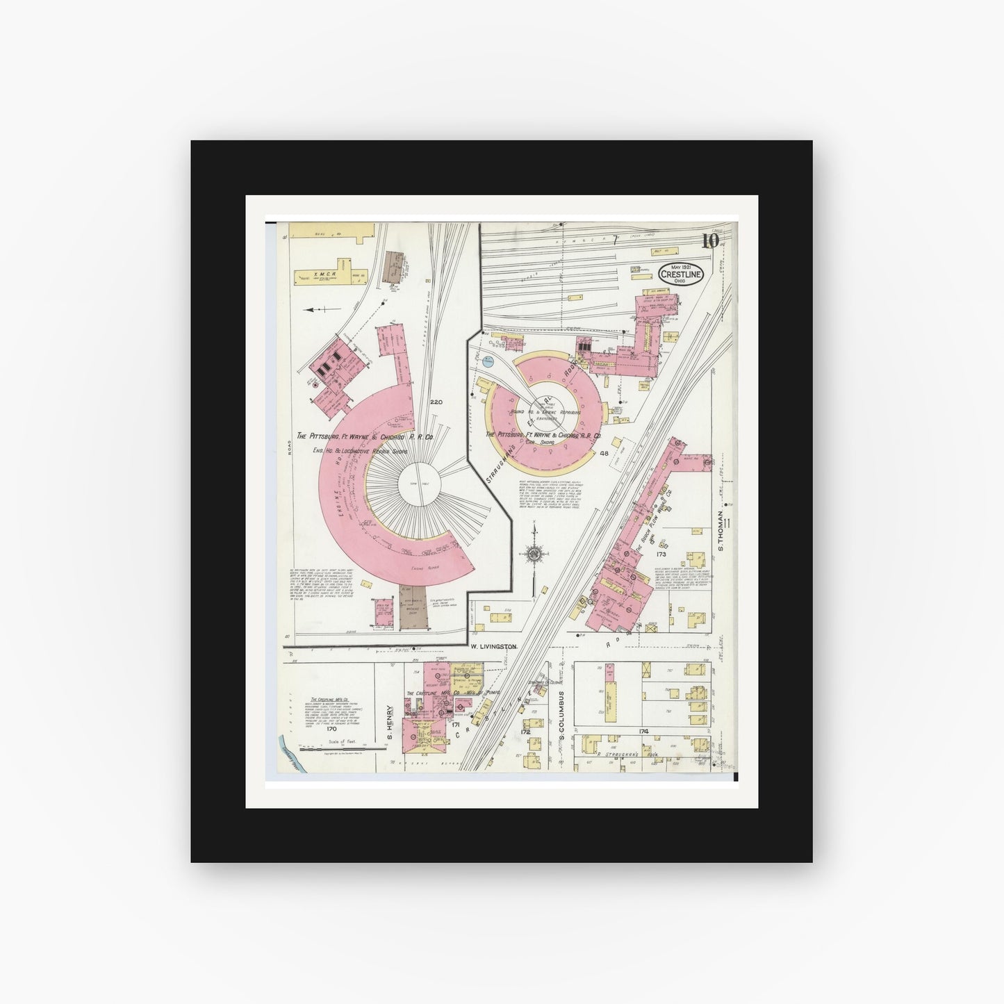 Old map wall art mockup — black gallery frame with white mat — Sanborn Fire Insurance Map from Crestline, Crawford County, Ohio (1921), Sheet #0010