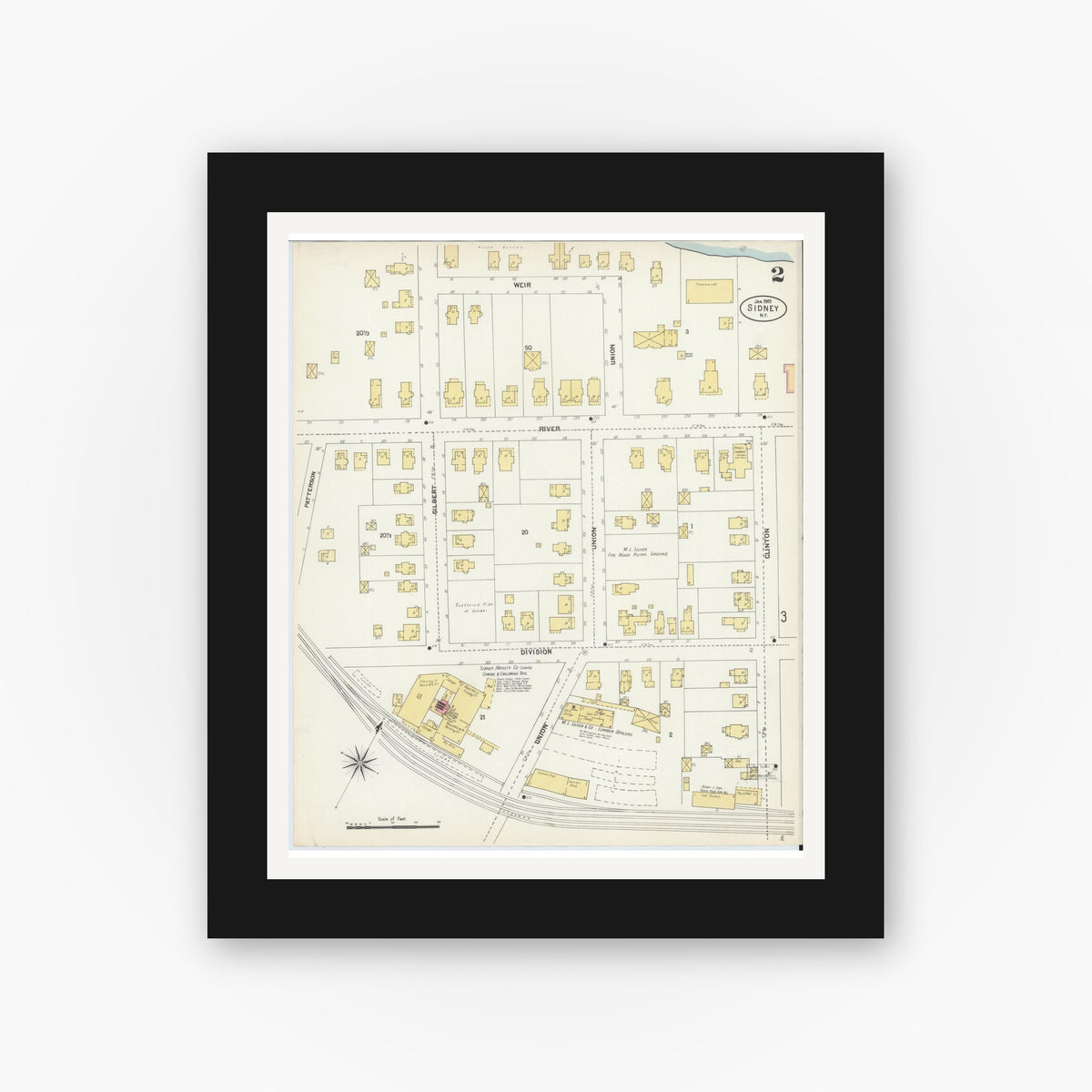 Old map wall art mockup — black gallery frame with white mat — Sanborn Fire Insurance Map from Sidney, Delaware County, New York (1903), Sheet #0002