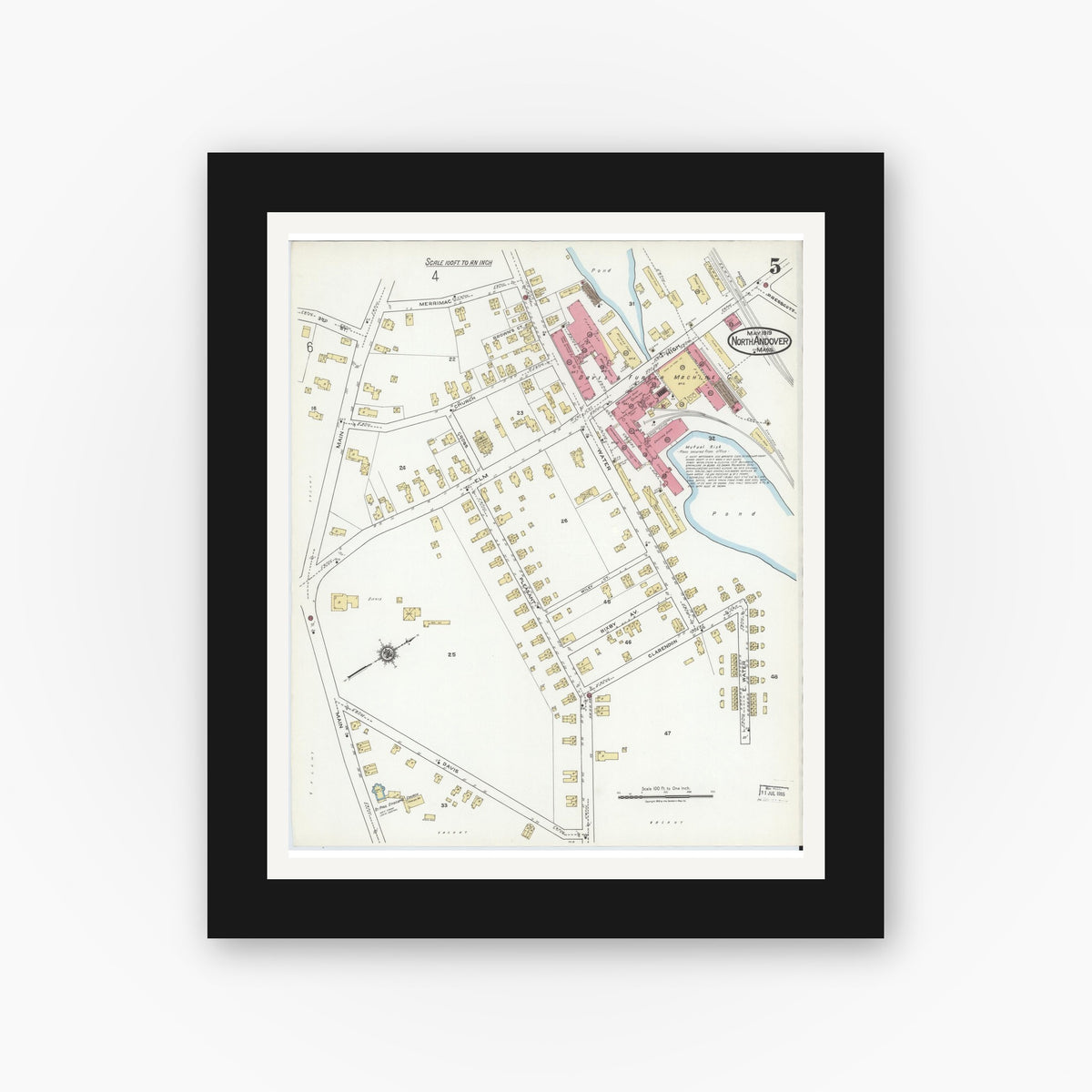 Old map wall art mockup — black gallery frame with white mat — Sanborn Fire Insurance Map from North Andover, Essex County, Massachusetts (1919), Sheet #0005