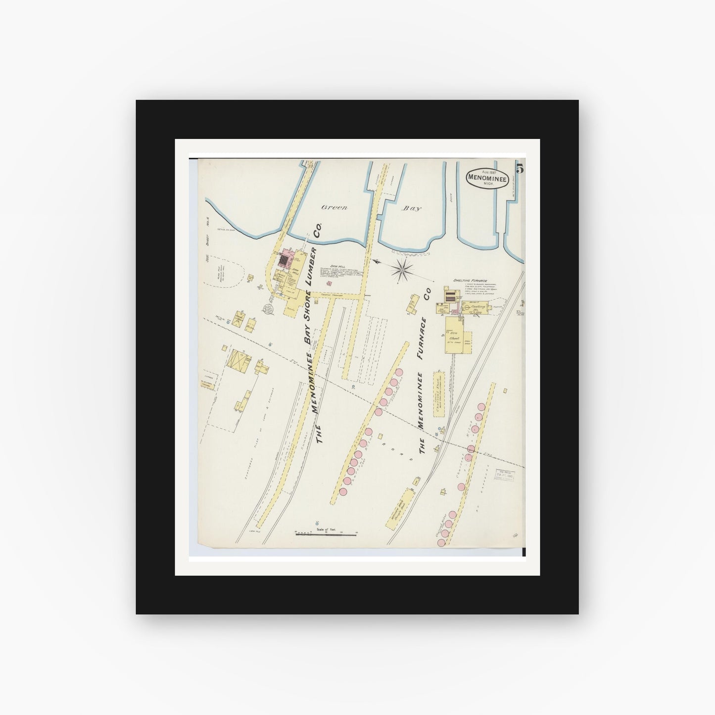 Old map wall art mockup — black gallery frame with white mat — Sanborn Fire Insurance Map from Menominee, Menominee County, Michigan (1887), Sheet #0005