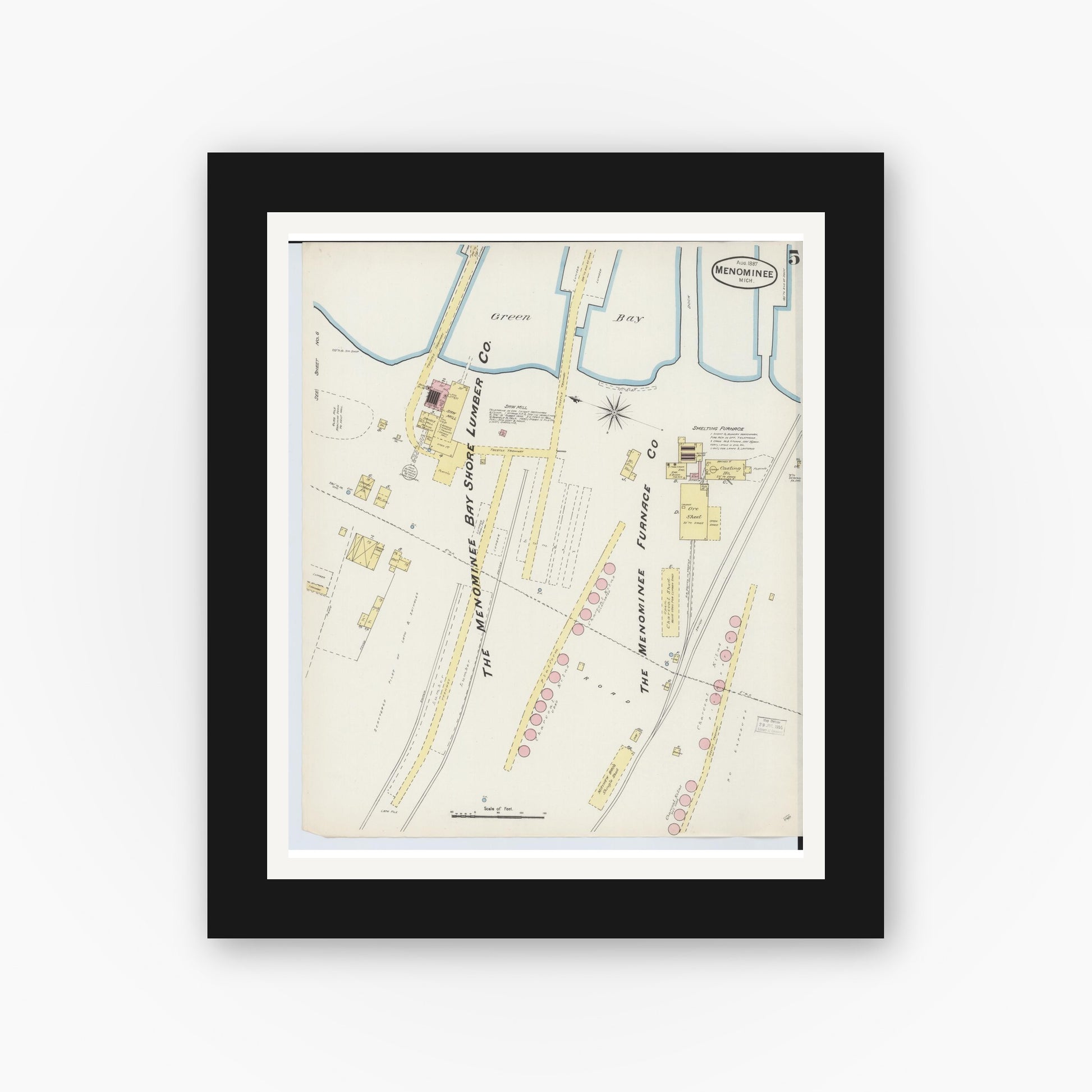 Old map wall art mockup — black gallery frame with white mat — Sanborn Fire Insurance Map from Menominee, Menominee County, Michigan (1887), Sheet #0005