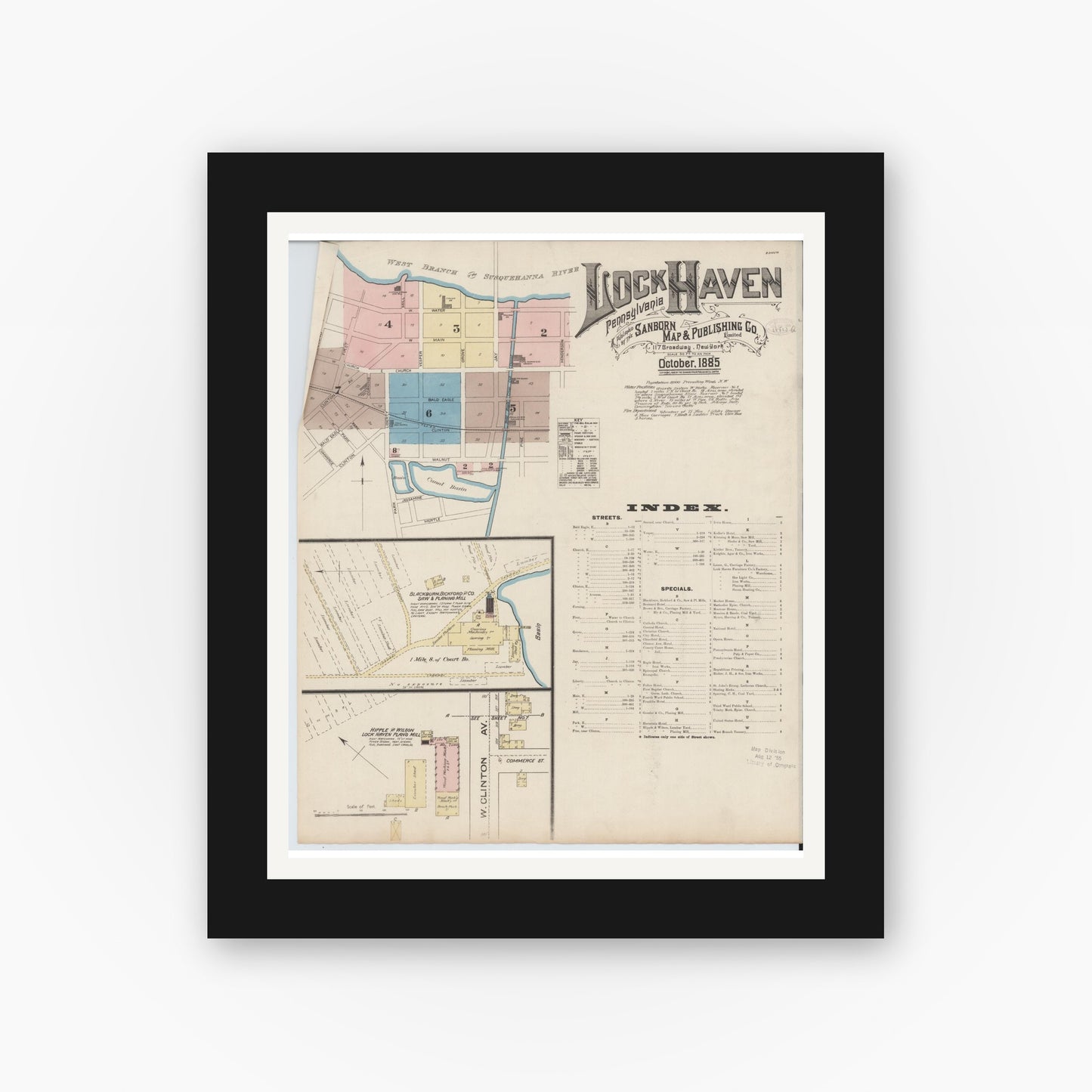 Old map wall art mockup — black gallery frame with white mat — Sanborn Fire Insurance Map from Lock Haven, Clinton County, Pennsylvania (1885) - Complete Map Set