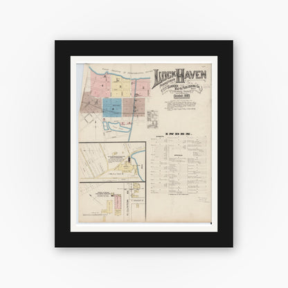 Old map wall art mockup — black gallery frame with white mat — Sanborn Fire Insurance Map from Lock Haven, Clinton County, Pennsylvania (1885) - Complete Map Set