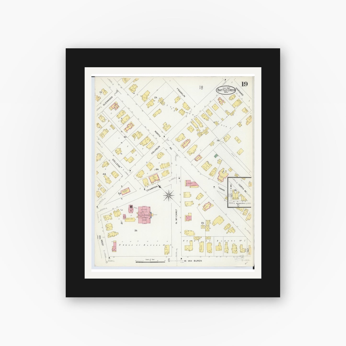 Old map wall art mockup — black gallery frame with white mat — Sanborn Fire Insurance Map from Battle Creek, Calhoun County, Michigan (1907), Sheet #0019