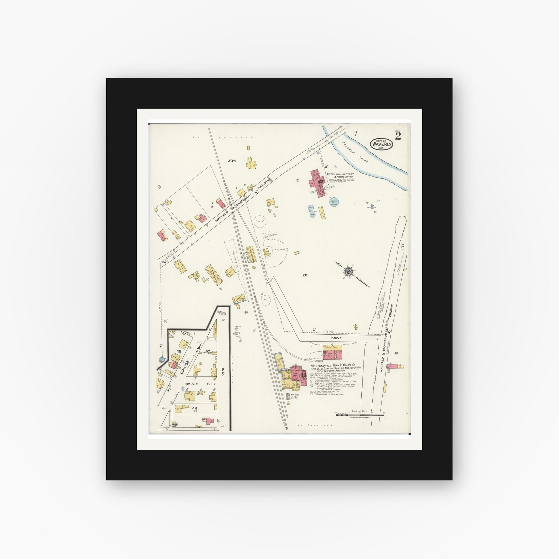 Old map wall art mockup — black gallery frame with white mat — Sanborn Fire Insurance Map from Waverly, Pike County, Ohio (1921), Sheet #0002