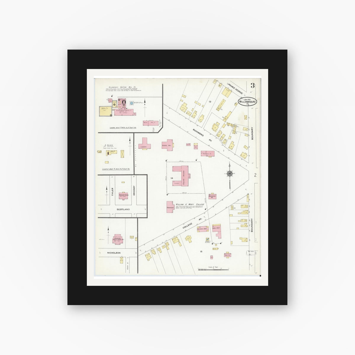Old map wall art mockup — black gallery frame with white mat — Sanborn Fire Insurance Map from Williamsburg, Independent Cities, Virginia (1910), Sheet #0003