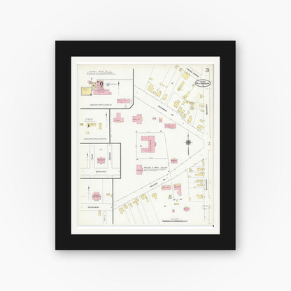 Old map wall art mockup — black gallery frame with white mat — Sanborn Fire Insurance Map from Williamsburg, Independent Cities, Virginia (1910), Sheet #0003