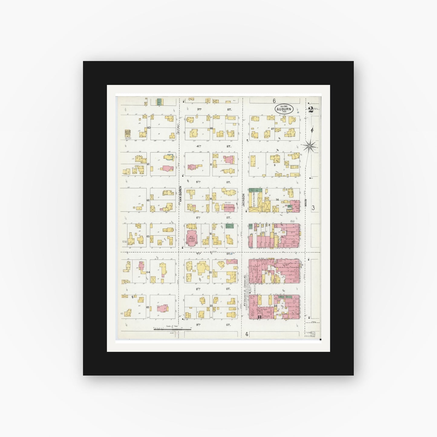 Old map wall art mockup — black gallery frame with white mat — Sanborn Fire Insurance Map from Auburn, De Kalb County, Indiana (1901), Sheet #0002