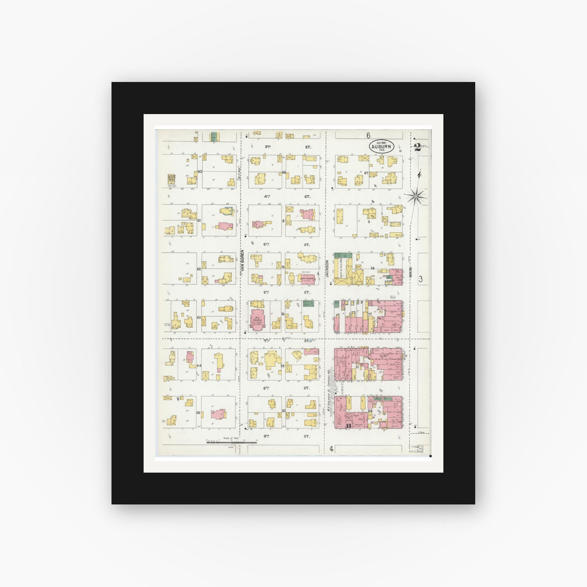 Old map wall art mockup — black gallery frame with white mat — Sanborn Fire Insurance Map from Auburn, De Kalb County, Indiana (1901), Sheet #0002