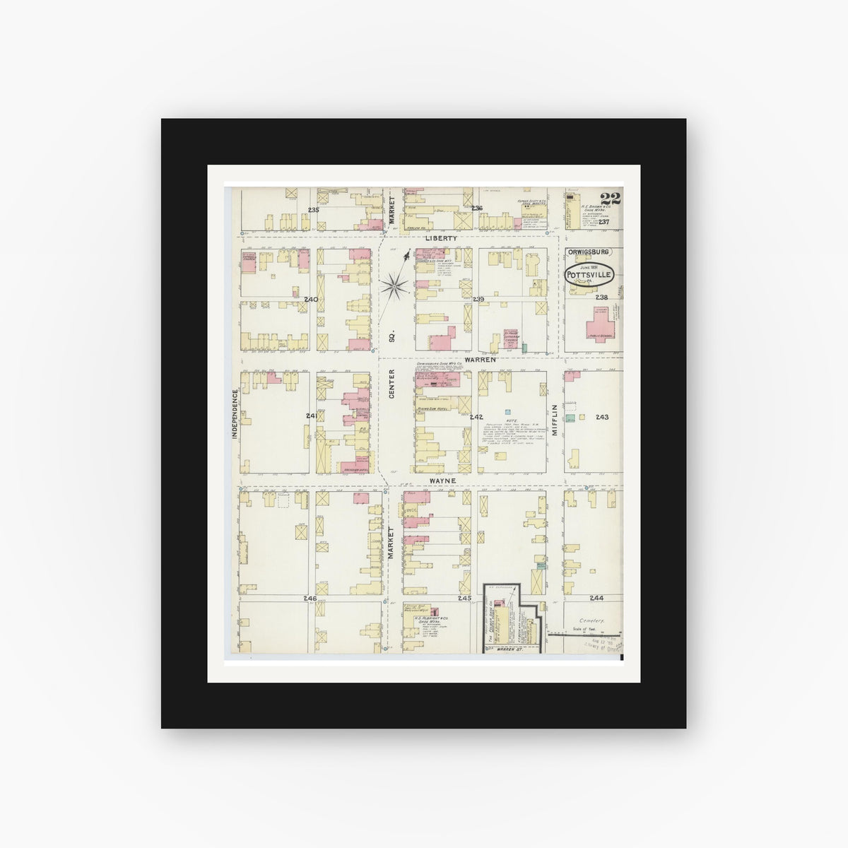 Old map wall art mockup — black gallery frame with white mat — Sanborn Fire Insurance Map from Pottsville, Schuylkill County, Pennsylvania (1891), Sheet #0022