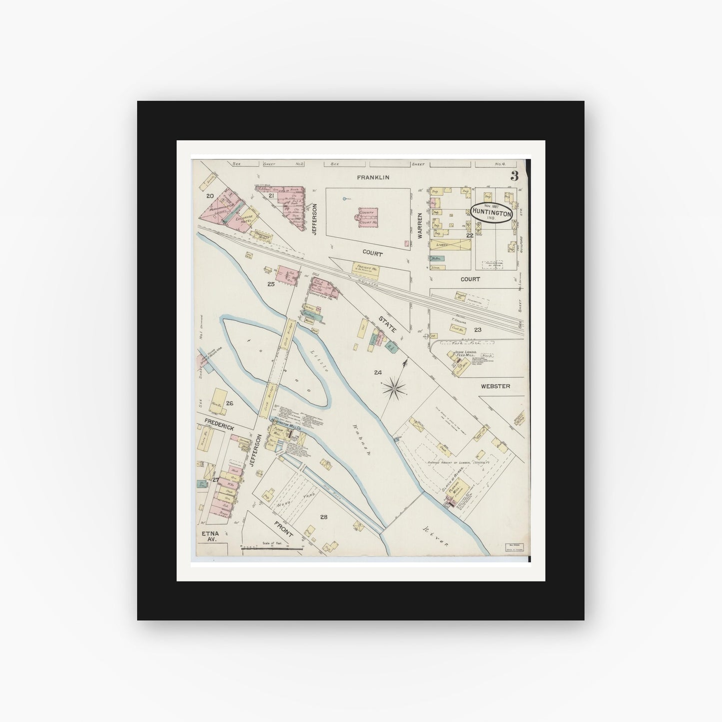 Old map wall art mockup — black gallery frame with white mat — Sanborn Fire Insurance Map from Huntington, Huntington County, Indiana (1887), Sheet #0003