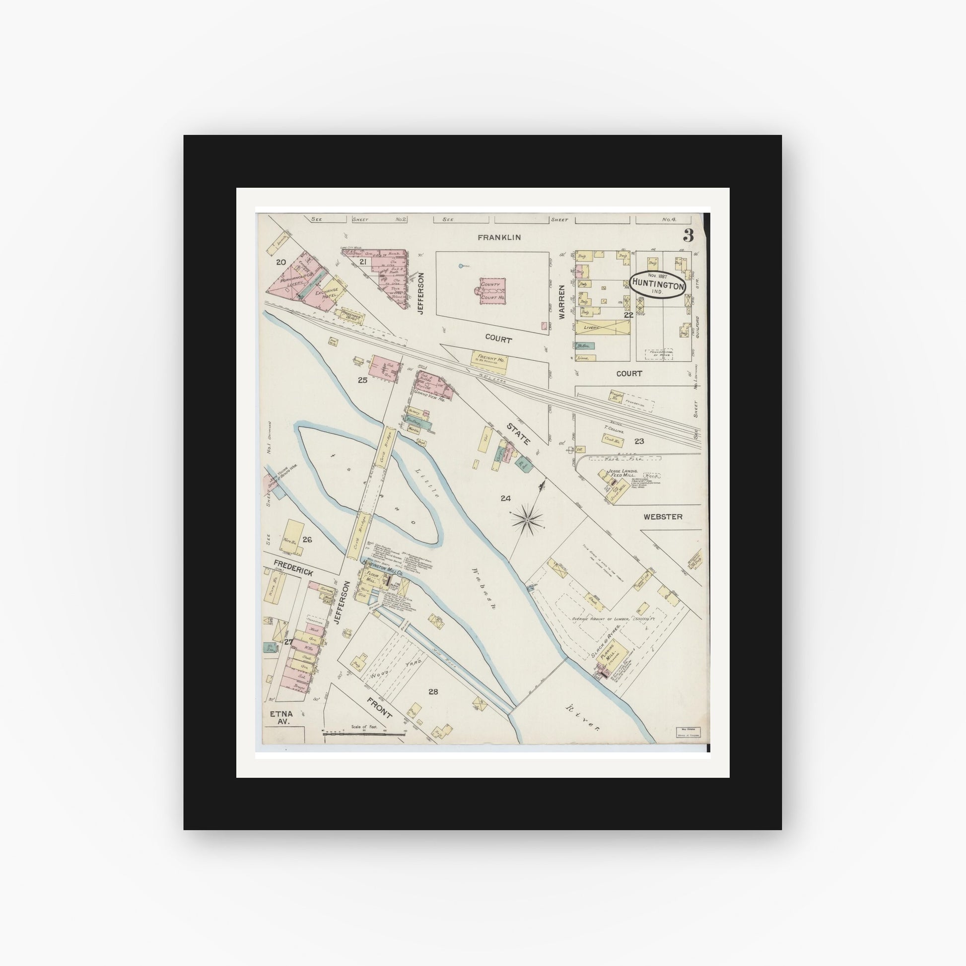 Old map wall art mockup — black gallery frame with white mat — Sanborn Fire Insurance Map from Huntington, Huntington County, Indiana (1887), Sheet #0003