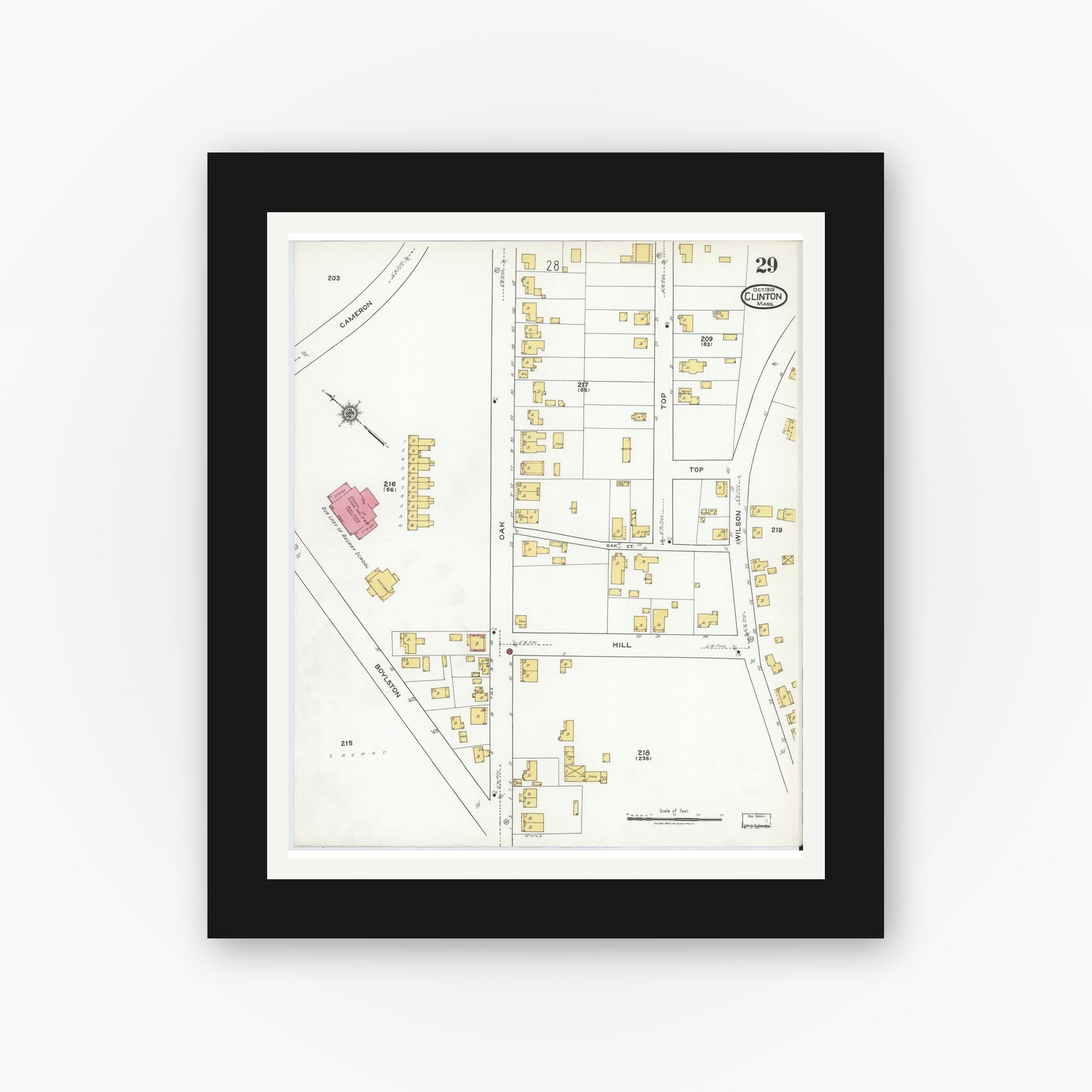 Old map wall art mockup — black gallery frame with white mat — Sanborn Fire Insurance Map from Clinton, Worcester County, Massachusetts (1919), Sheet #0029