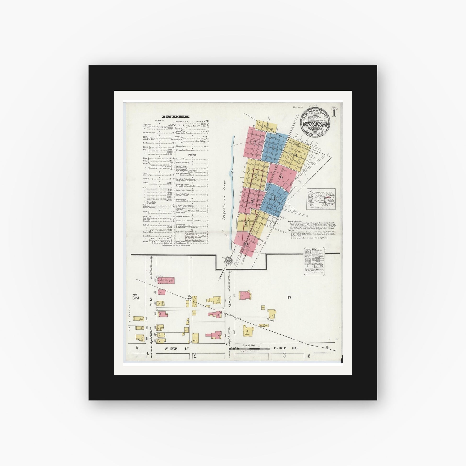 Old map wall art mockup — black gallery frame with white mat — Sanborn Fire Insurance Map from Watsontown, Northumberland County, Pennsylvania (1921) - Complete Map Set