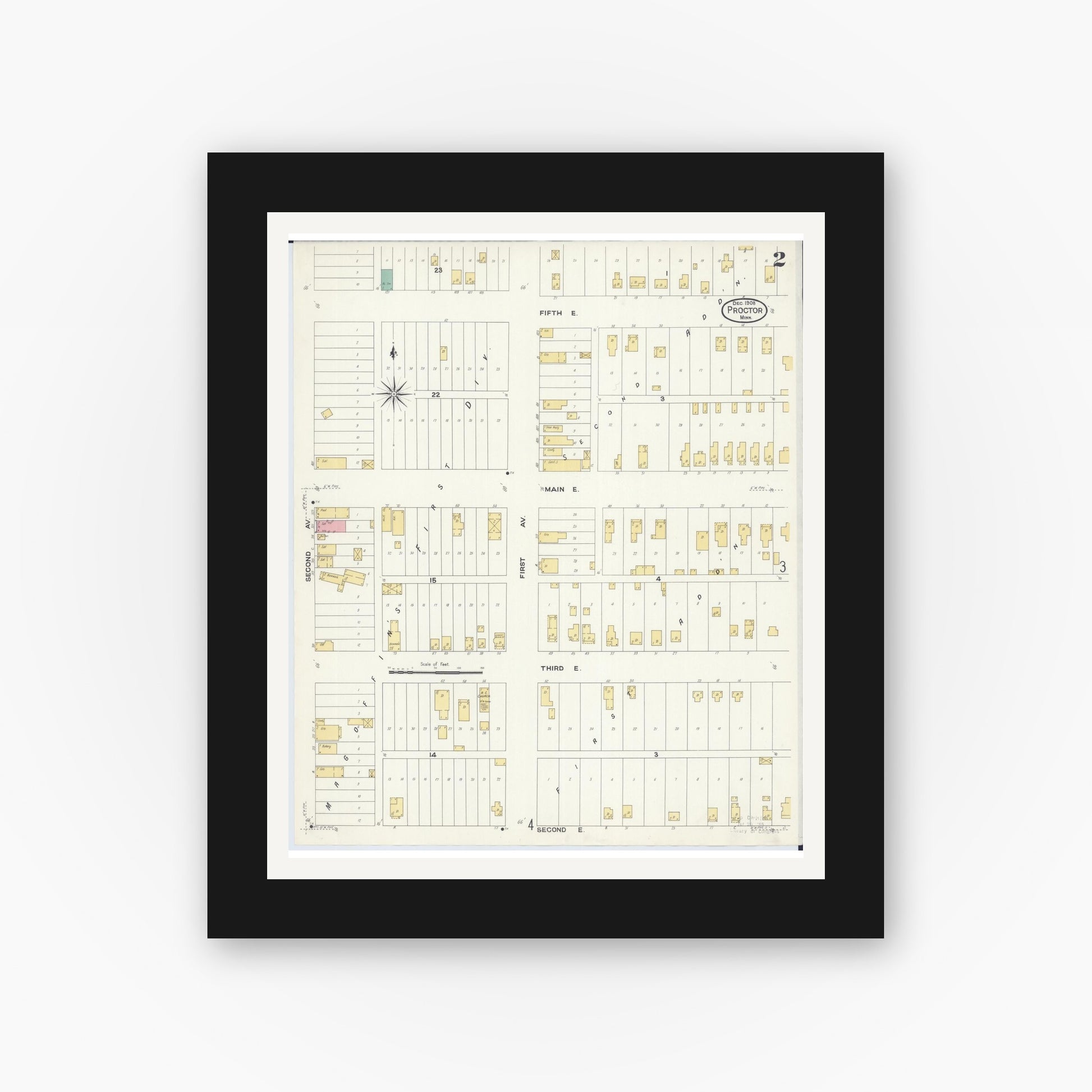 Old map wall art mockup — black gallery frame with white mat — Sanborn Fire Insurance Map from Proctor, Saint Louis County, Minnesota (1908), Sheet #0002