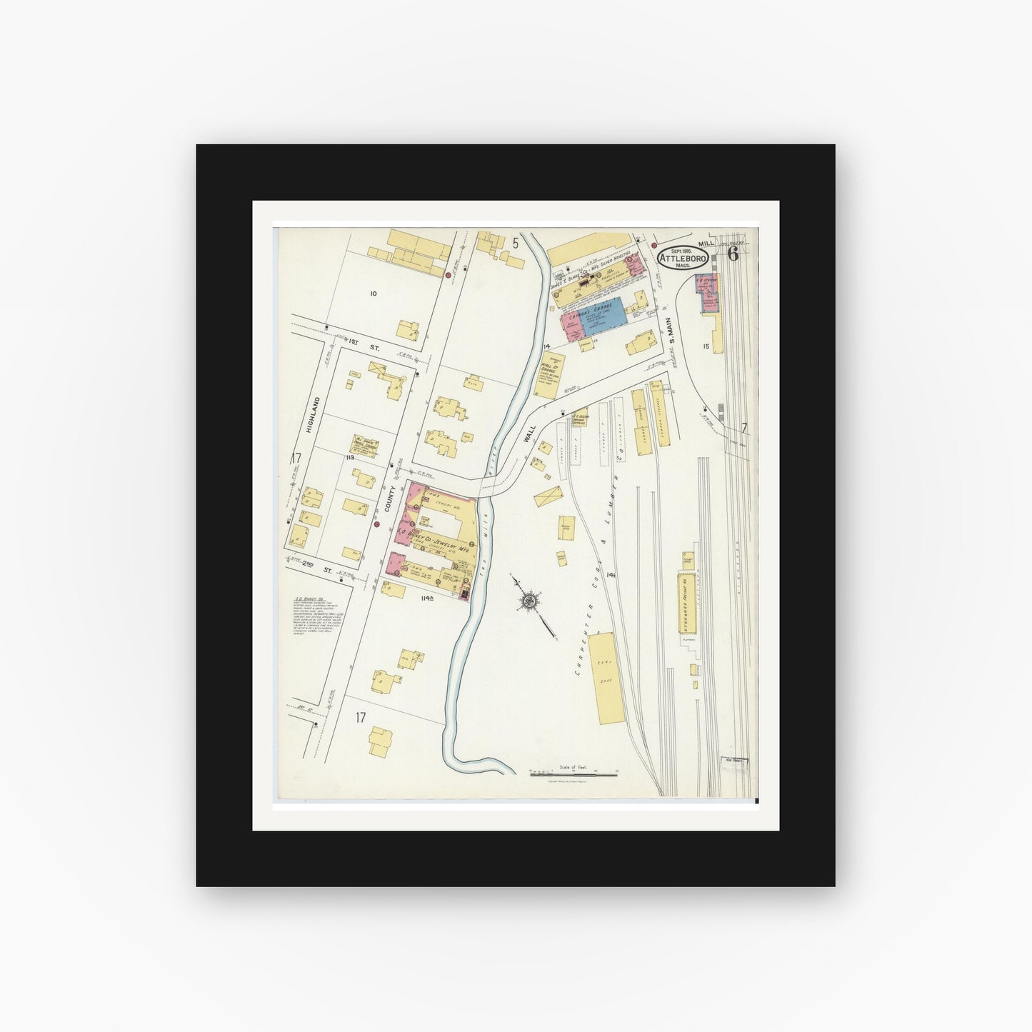 Old map wall art mockup — black gallery frame with white mat — Sanborn Fire Insurance Map from Attleboro, Bristol County, Massachusetts (1916), Sheet #0006