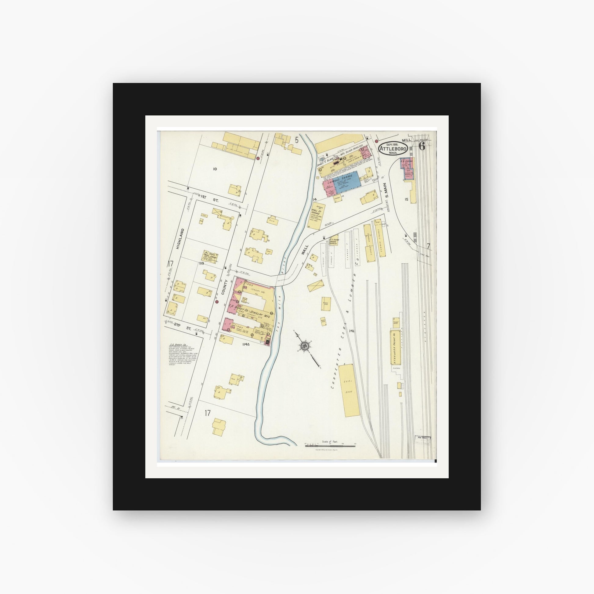 Old map wall art mockup — black gallery frame with white mat — Sanborn Fire Insurance Map from Attleboro, Bristol County, Massachusetts (1916), Sheet #0006