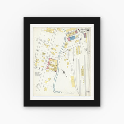 Old map wall art mockup — black gallery frame with white mat — Sanborn Fire Insurance Map from Attleboro, Bristol County, Massachusetts (1916), Sheet #0006