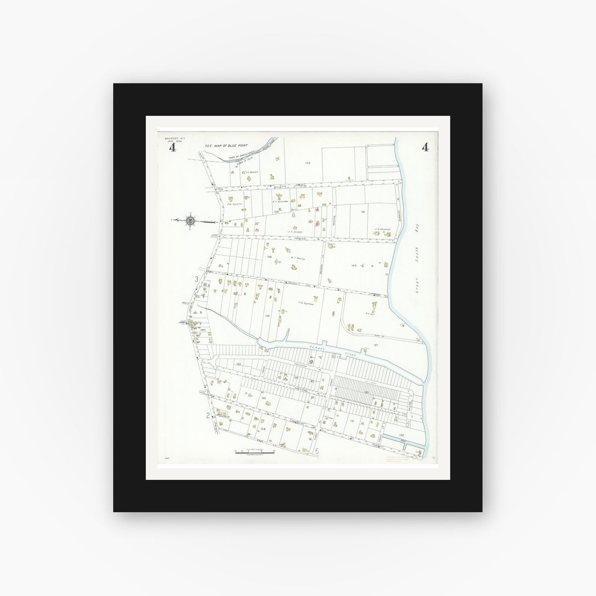 Old map wall art mockup — black gallery frame with white mat — Sanborn Fire Insurance Map from Bayport, Suffolk County, New York (1938), Sheet #0004