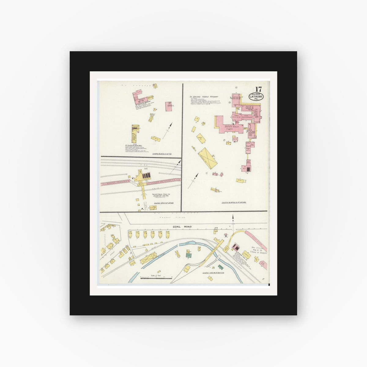 Old map wall art mockup — black gallery frame with white mat — Sanborn Fire Insurance Map from Latrobe, Westmoreland County, Pennsylvania (1909), Sheet #0017