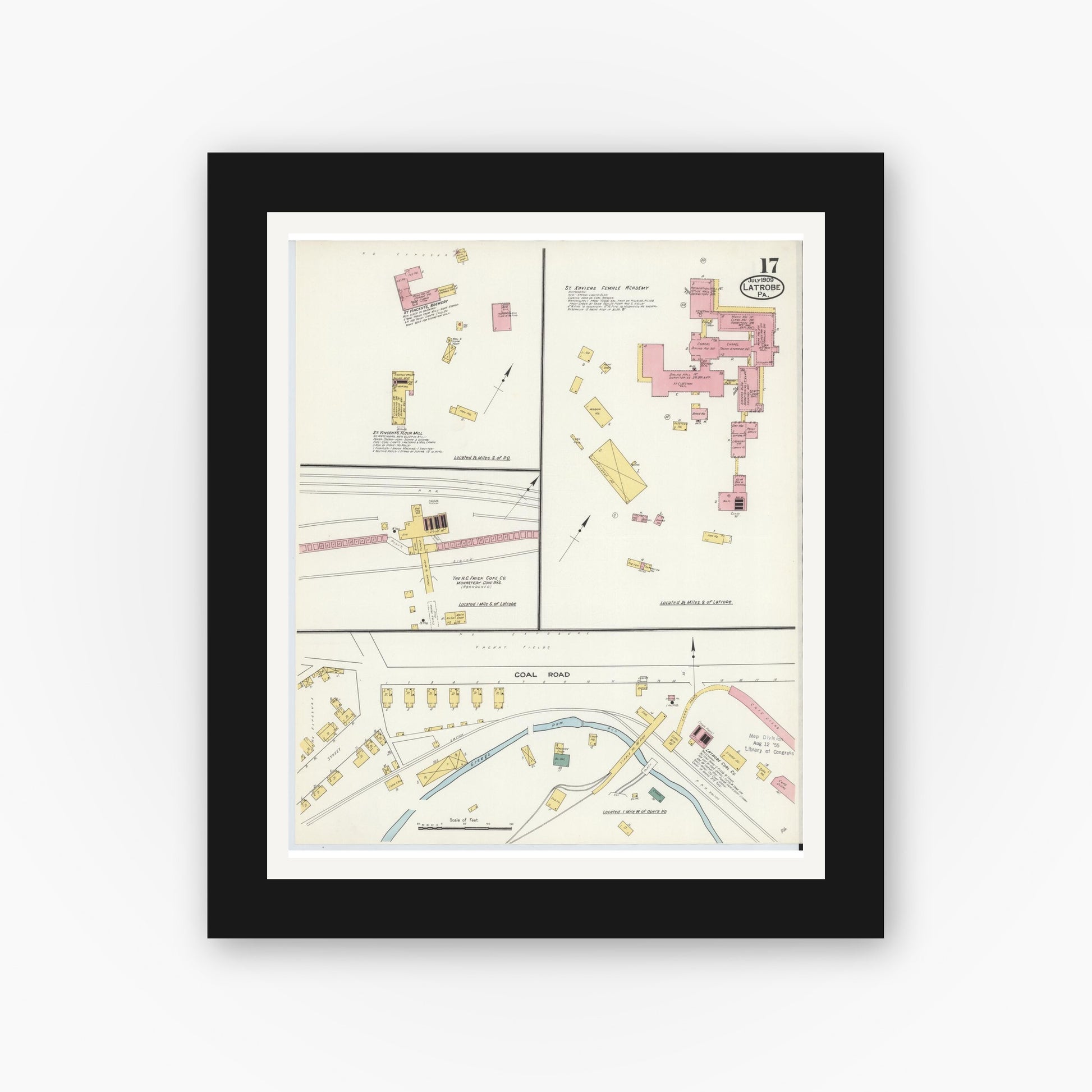 Old map wall art mockup — black gallery frame with white mat — Sanborn Fire Insurance Map from Latrobe, Westmoreland County, Pennsylvania (1909), Sheet #0017