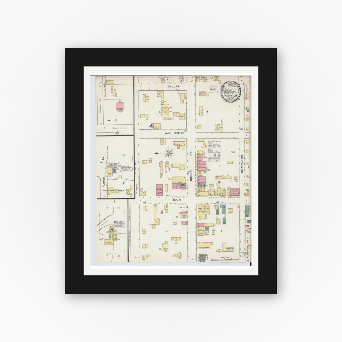 Old map wall art mockup — black gallery frame with white mat — Sanborn Fire Insurance Map from Lexington, Sanilac County, Michigan (1893), Sheet #0001