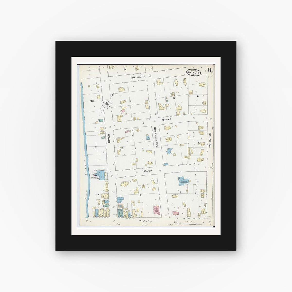 Old map wall art mockup — black gallery frame with white mat — Sanborn Fire Insurance Map from Batavia, Kane County, Illinois (1891), Sheet #0008