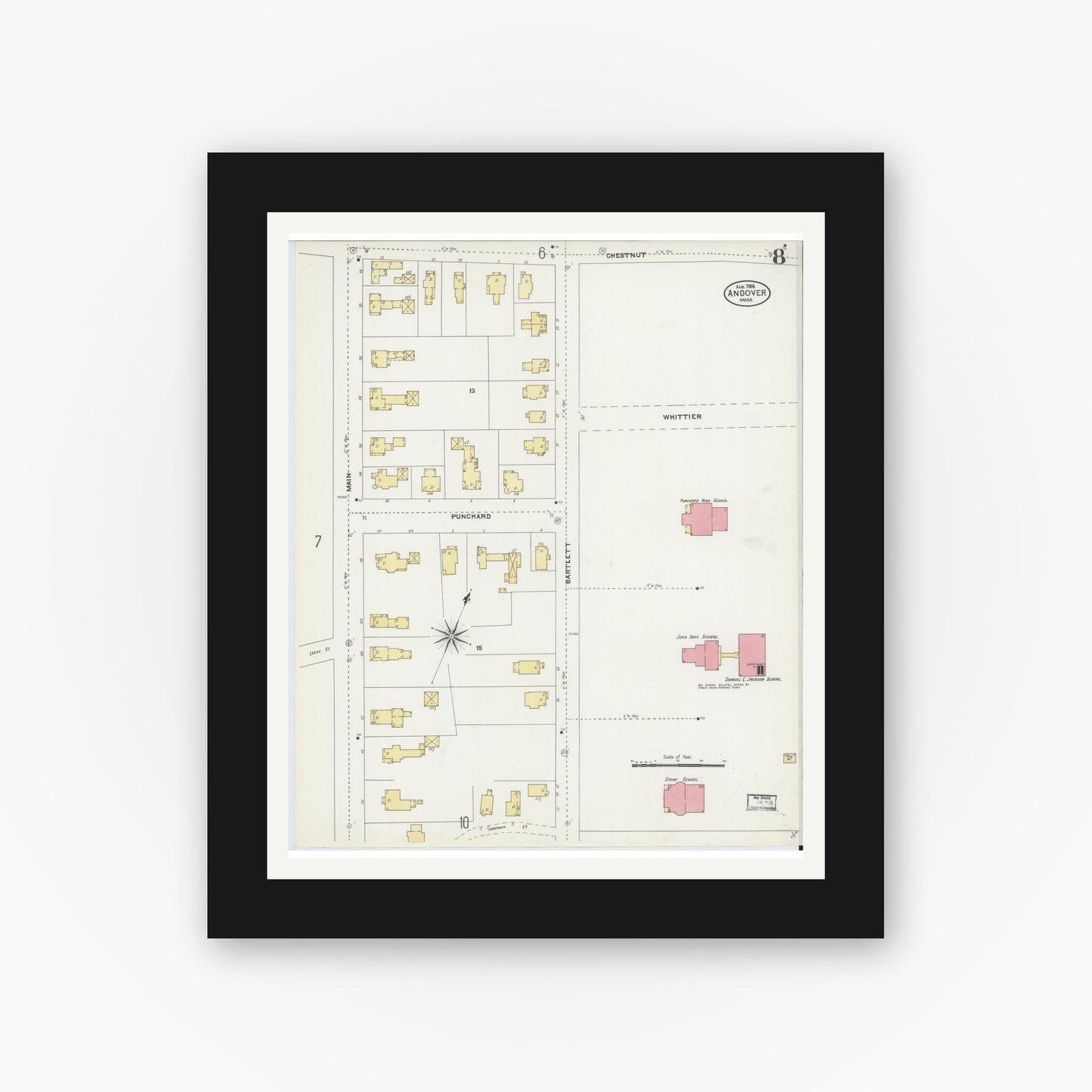 Old map wall art mockup — black gallery frame with white mat — Sanborn Fire Insurance Map from Andover, Essex County, Massachusetts (1906), Sheet #0008