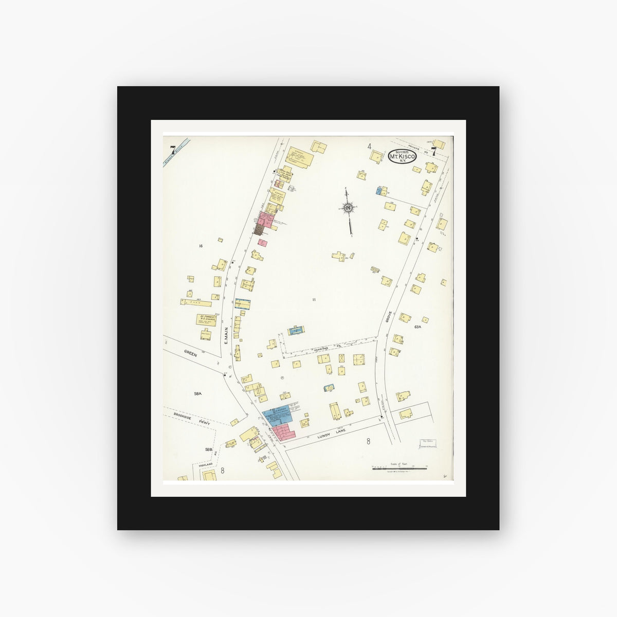 Old map wall art mockup — black gallery frame with white mat — Sanborn Fire Insurance Map from Mount Kisco, Westchester County, New York (1925), Sheet #0007