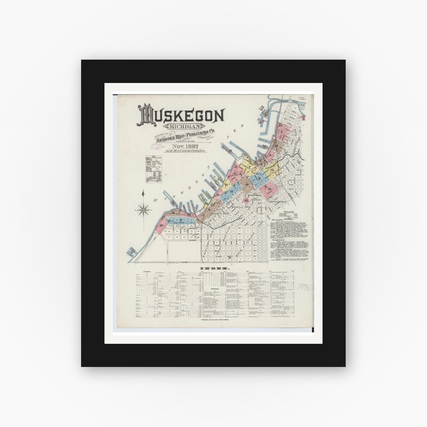 Old map wall art mockup — black gallery frame with white mat — Sanborn Fire Insurance Map from Muskegon, Muskegon County, Michigan (1887) - Complete Map Set