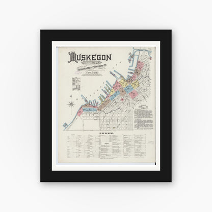 Old map wall art mockup — black gallery frame with white mat — Sanborn Fire Insurance Map from Muskegon, Muskegon County, Michigan (1887) - Complete Map Set