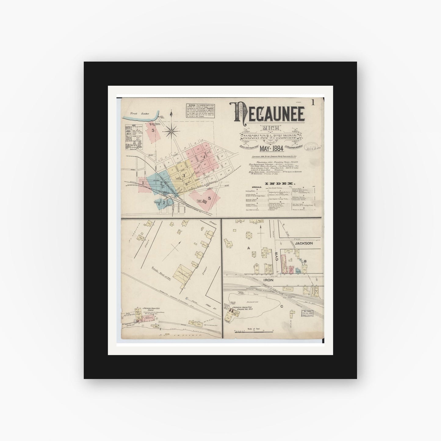 Old map wall art mockup — black gallery frame with white mat — Sanborn Fire Insurance Map from Negaunee, Marquette County, Michigan (1884) - Complete Map Set