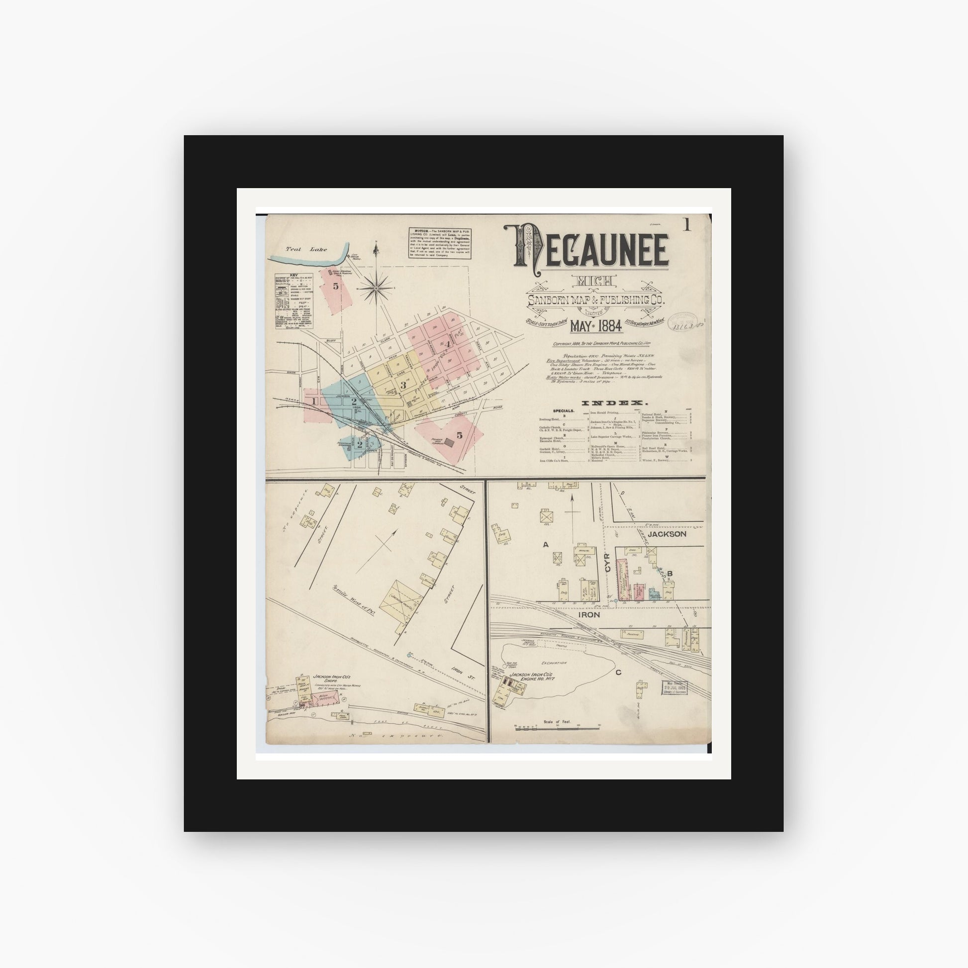 Old map wall art mockup — black gallery frame with white mat — Sanborn Fire Insurance Map from Negaunee, Marquette County, Michigan (1884) - Complete Map Set