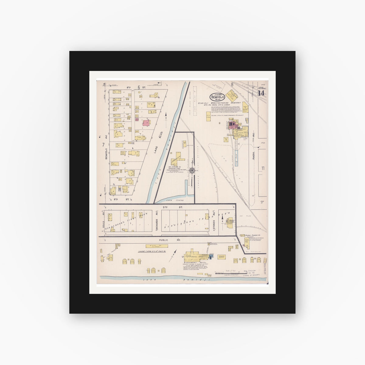 Old map wall art mockup — black gallery frame with white mat — Sanborn Fire Insurance Map from Bemidji, Beltrami County, Minnesota (1922), Sheet #0014