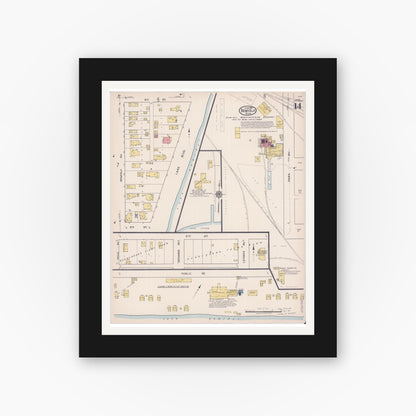 Old map wall art mockup — black gallery frame with white mat — Sanborn Fire Insurance Map from Bemidji, Beltrami County, Minnesota (1922), Sheet #0014
