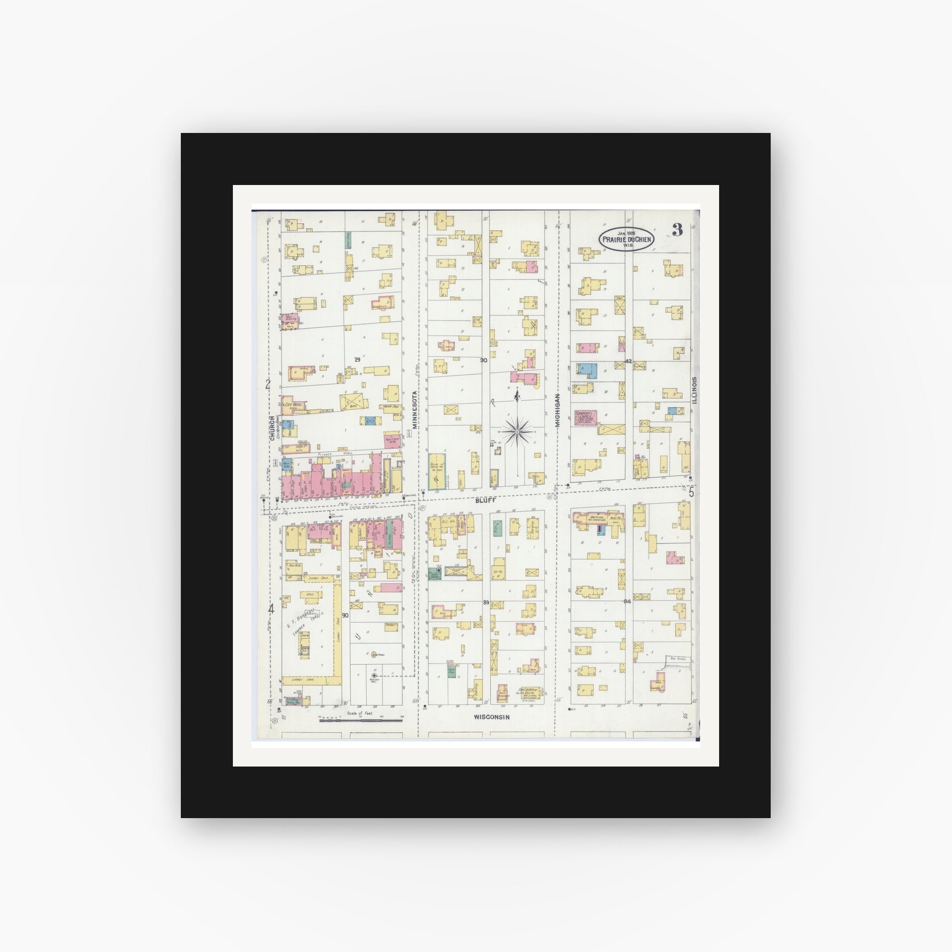 Old map wall art mockup — black gallery frame with white mat — Sanborn Fire Insurance Map from Prairie du Chien, Crawford County, Wisconsin (1905), Sheet #0003