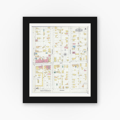 Old map wall art mockup — black gallery frame with white mat — Sanborn Fire Insurance Map from Prairie du Chien, Crawford County, Wisconsin (1905), Sheet #0003