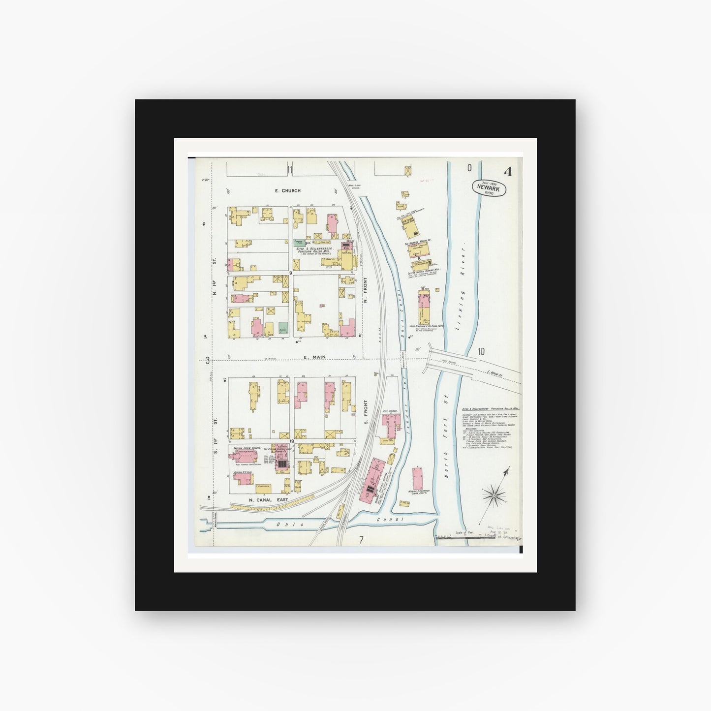 Old map wall art mockup — black gallery frame with white mat — Sanborn Fire Insurance Map from Newark, Licking County, Ohio (1899), Sheet #0004