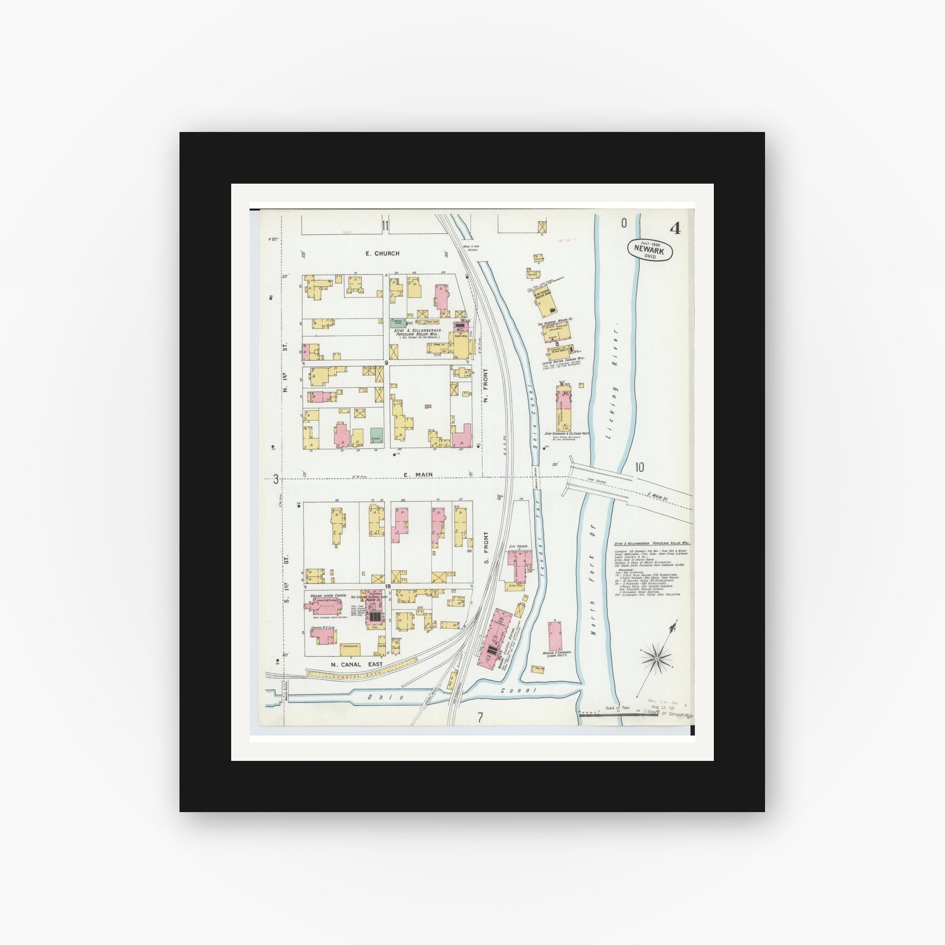 Old map wall art mockup — black gallery frame with white mat — Sanborn Fire Insurance Map from Newark, Licking County, Ohio (1899), Sheet #0004