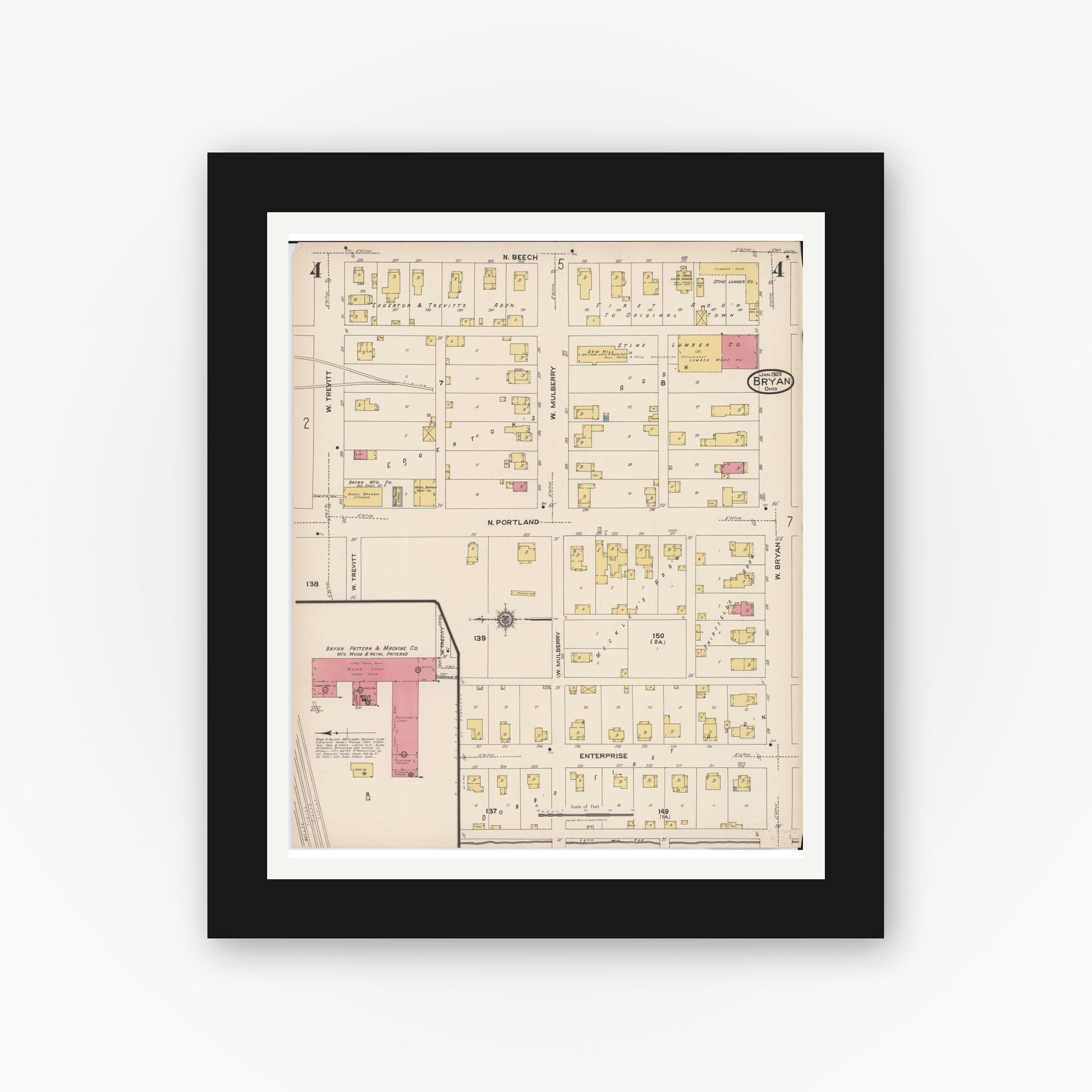 Old map wall art mockup — black gallery frame with white mat — Sanborn Fire Insurance Map from Bryan, Williams County, Ohio (1923), Sheet #0004