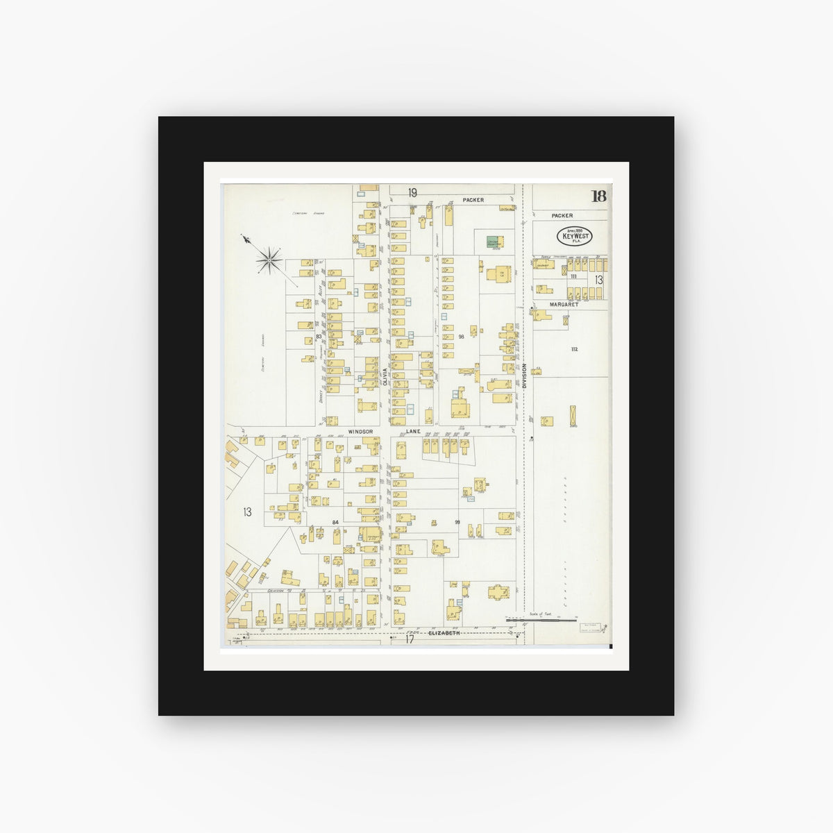 Old map wall art mockup — black gallery frame with white mat — Sanborn Fire Insurance Map from Key West, Monroe County, Florida (1899), Sheet #0018