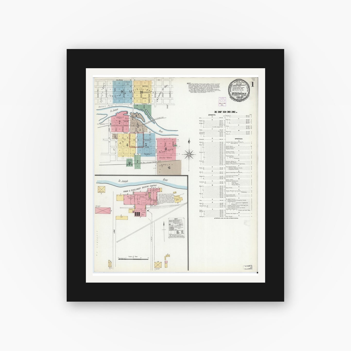 Old map wall art mockup — black gallery frame with white mat — Sanborn Fire Insurance Map from Mishawaka, Saint Joseph County, Indiana (1901) - Complete Map Set