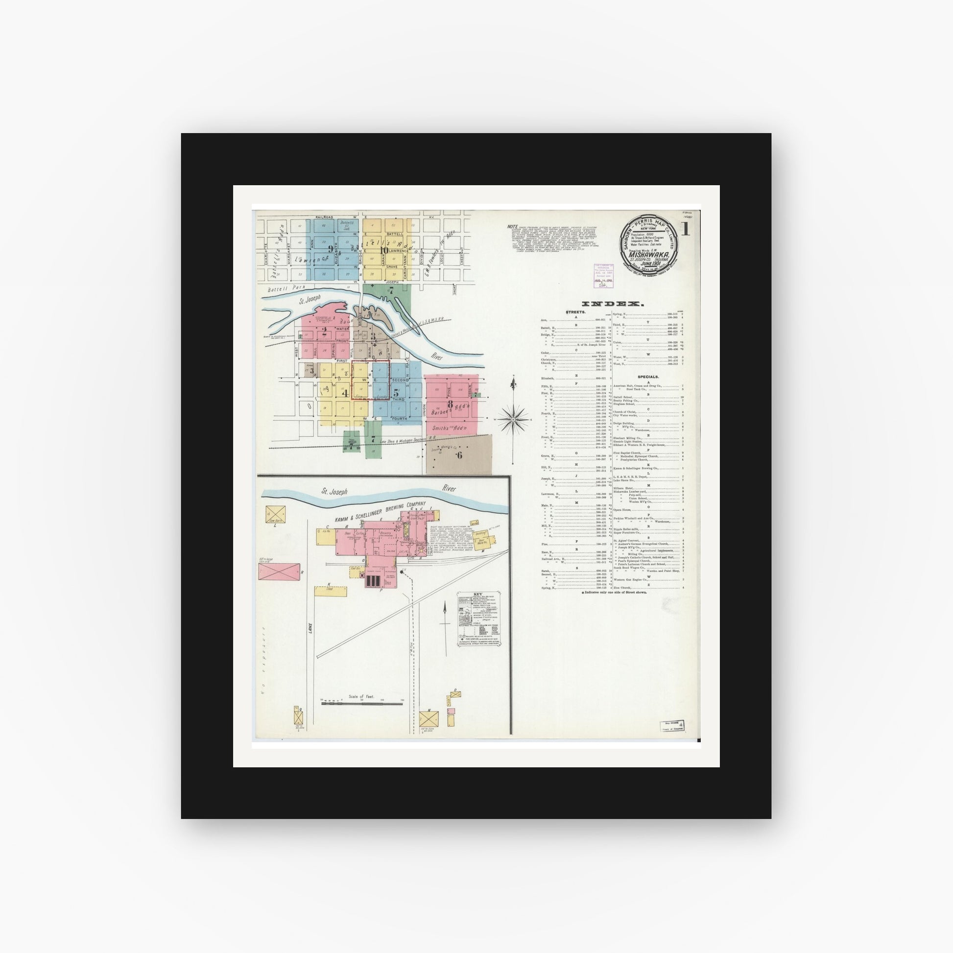 Old map wall art mockup — black gallery frame with white mat — Sanborn Fire Insurance Map from Mishawaka, Saint Joseph County, Indiana (1901) - Complete Map Set
