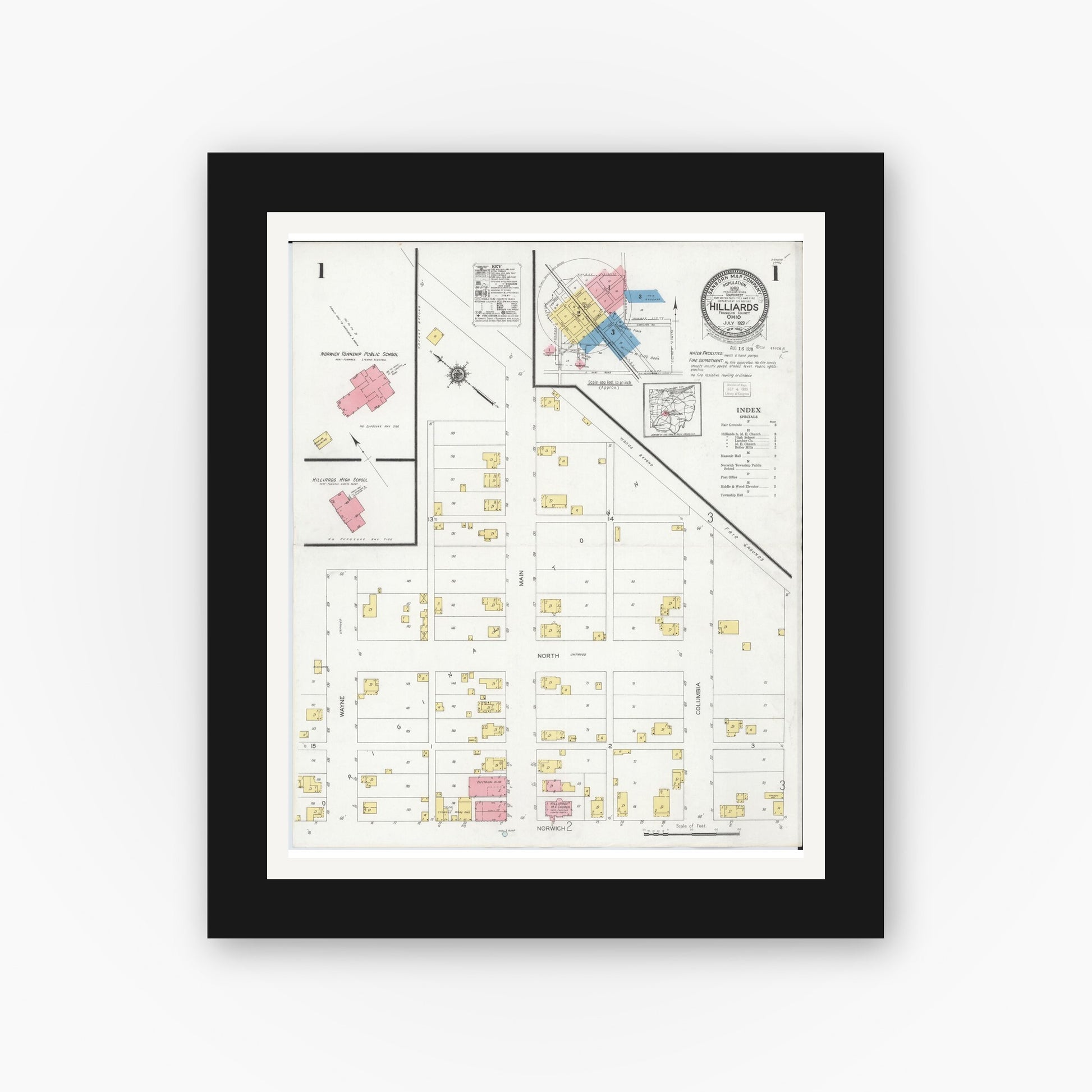 Old map wall art mockup — black gallery frame with white mat — Sanborn Fire Insurance Map from Hilliards, Franklin County, Ohio (1929), Sheet #0001