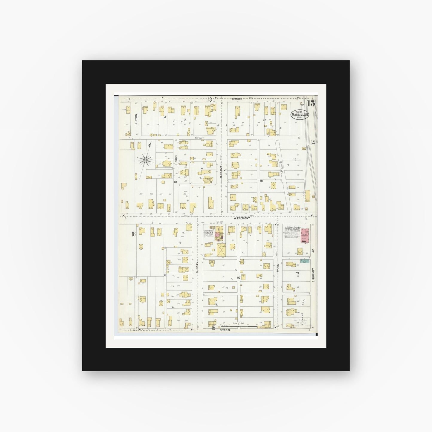 Old map wall art mockup — black gallery frame with white mat — Sanborn Fire Insurance Map from Massillon, Stark County, Ohio (1901), Sheet #0015