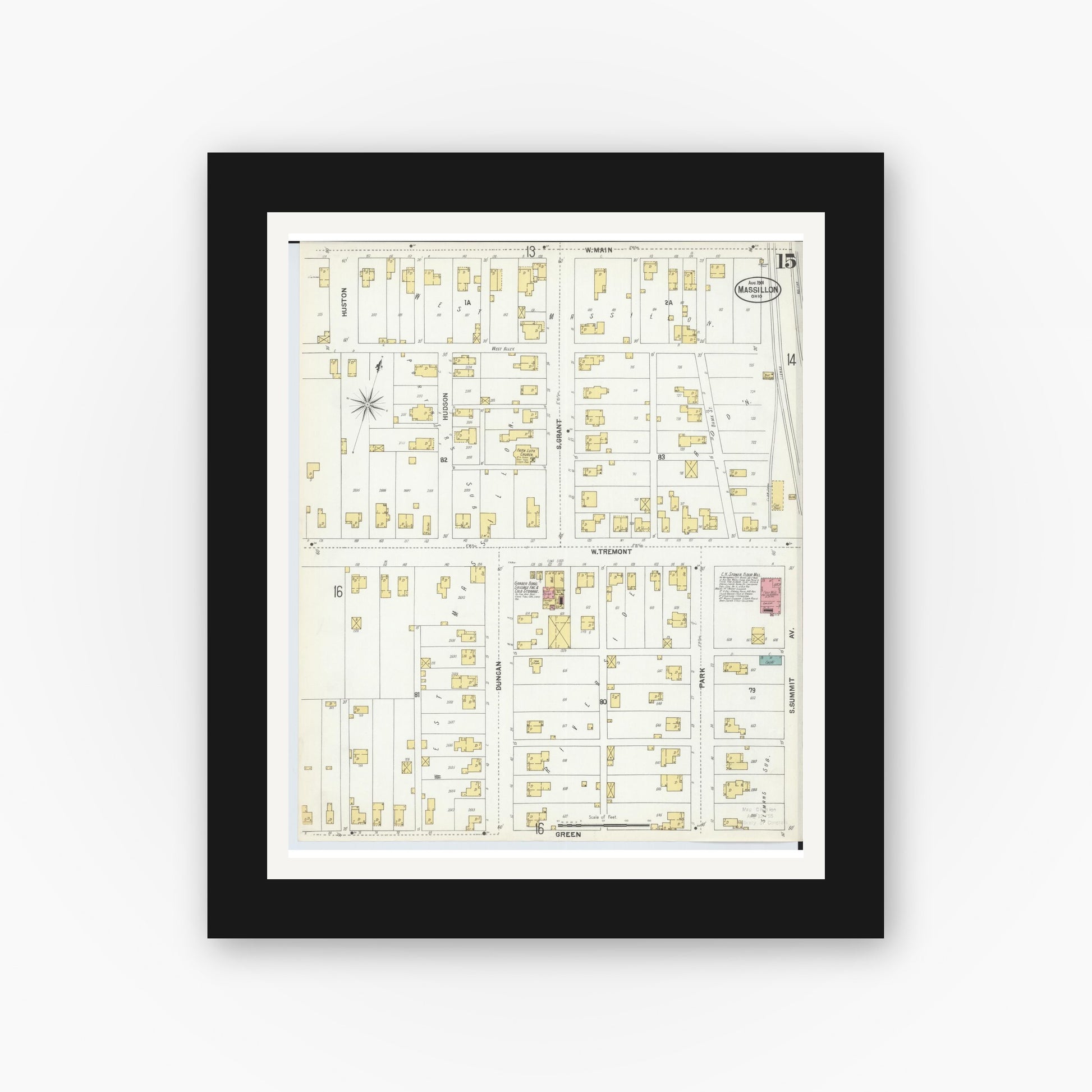 Old map wall art mockup — black gallery frame with white mat — Sanborn Fire Insurance Map from Massillon, Stark County, Ohio (1901), Sheet #0015