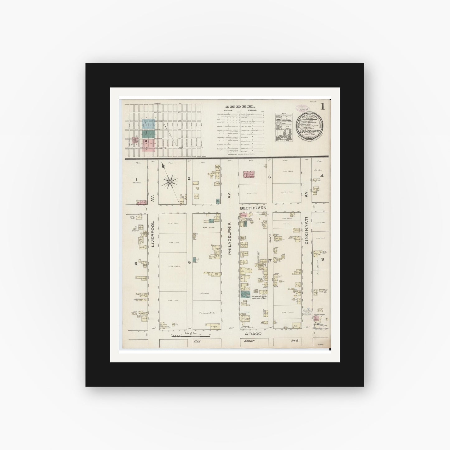 Old map wall art mockup — black gallery frame with white mat — Sanborn Fire Insurance Map from Egg Harbor City, Atlantic County, New Jersey (1886) - Complete Map Set