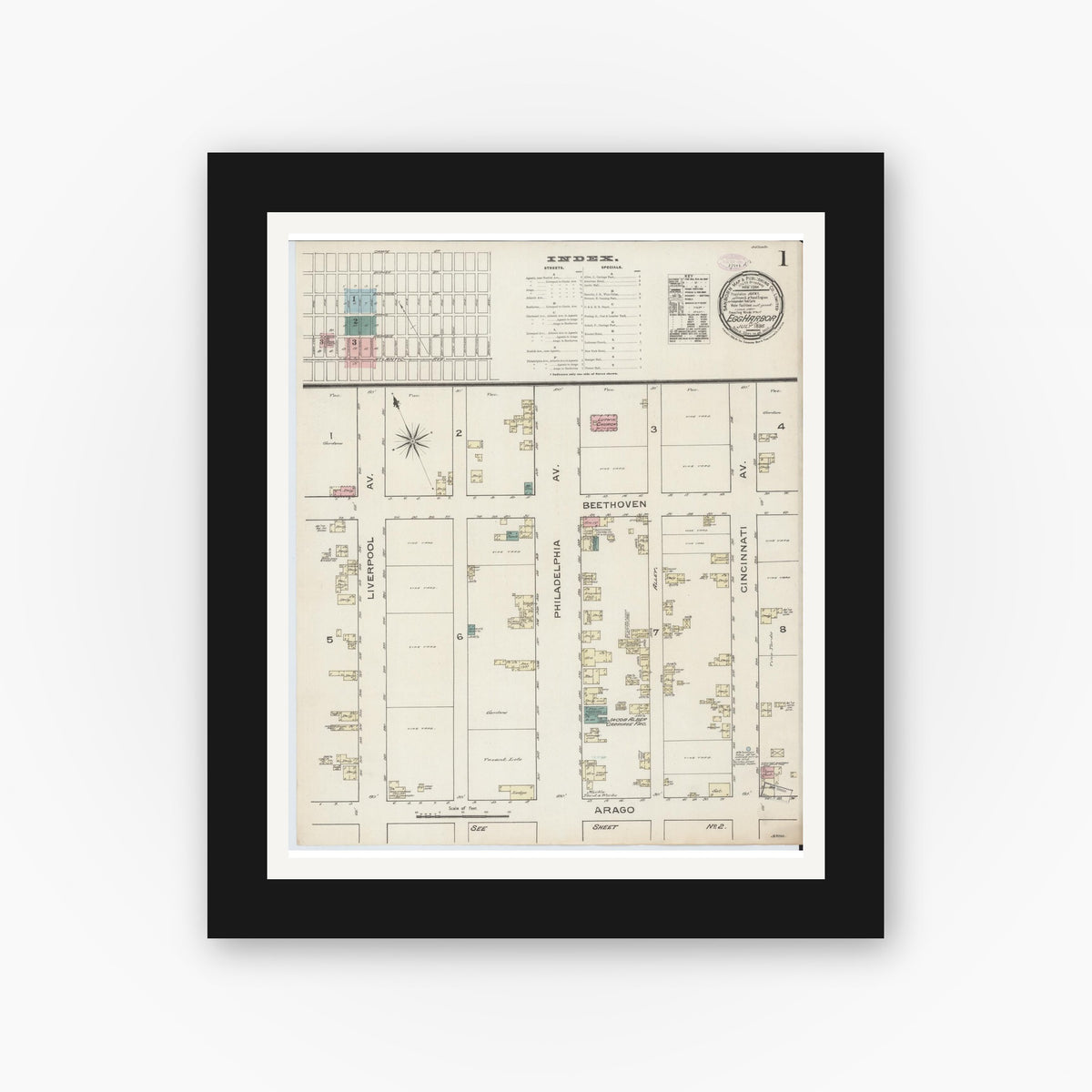 Old map wall art mockup — black gallery frame with white mat — Sanborn Fire Insurance Map from Egg Harbor City, Atlantic County, New Jersey (1886) - Complete Map Set