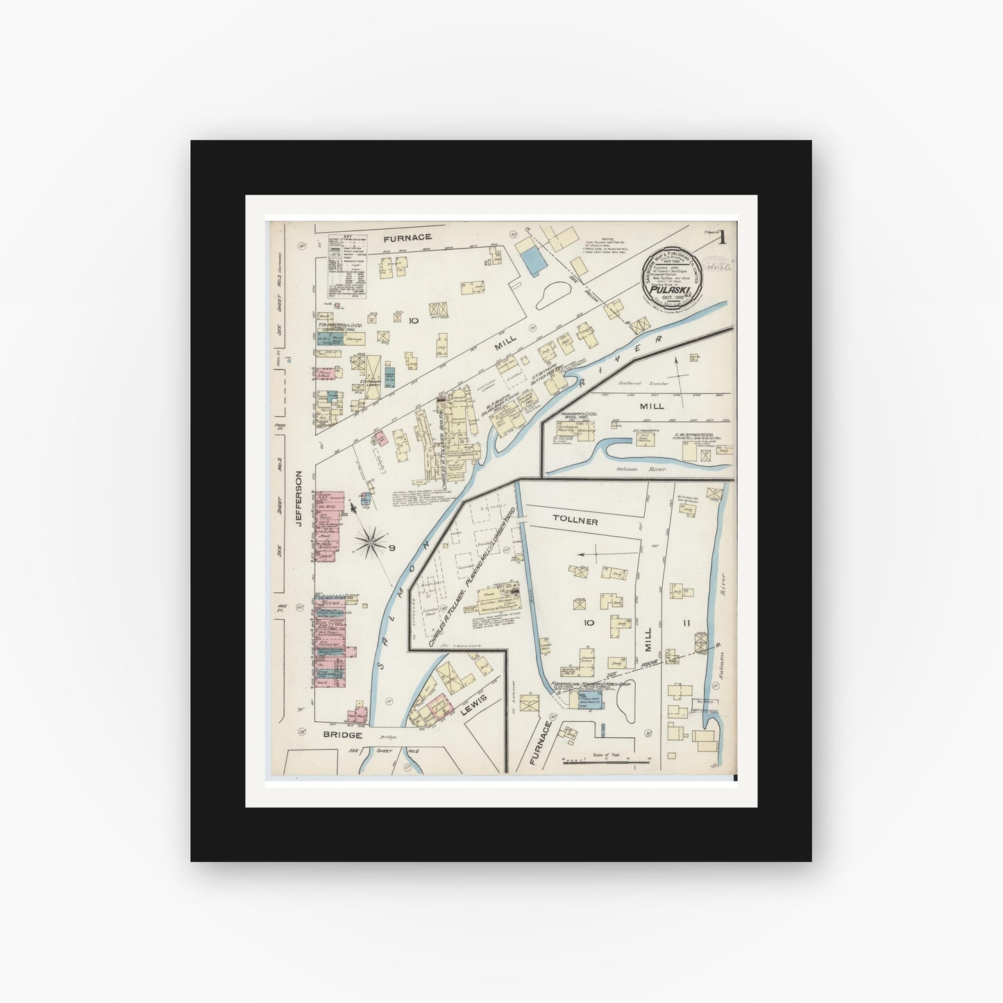 Old map wall art mockup — black gallery frame with white mat — Sanborn Fire Insurance Map from Pulaski, Oswego County, New York (1885) - Complete Map Set