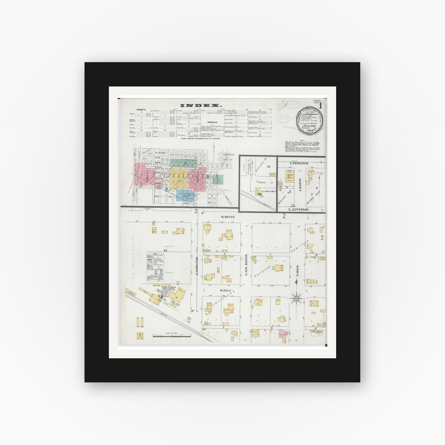 Old map wall art mockup — black gallery frame with white mat — Sanborn Fire Insurance Map from Sullivan, Moultrie County, Illinois (1898), Sheet #0001